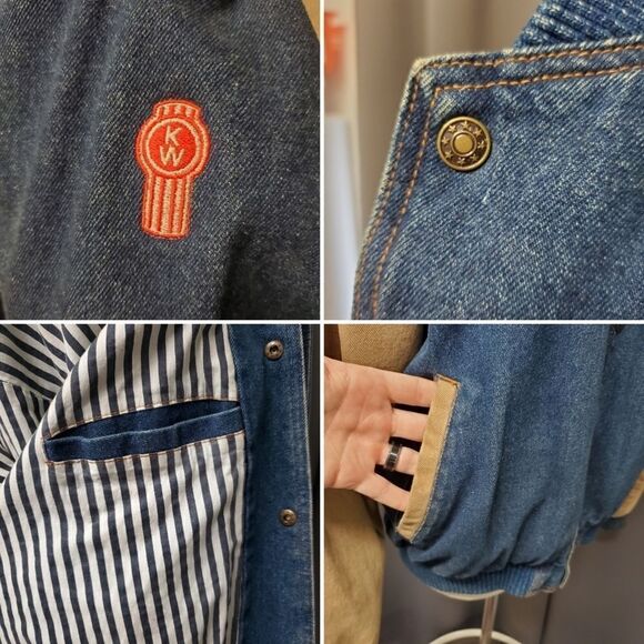Vintage Kenworth Truck Two Tone Denim Railroad Striped Liner Varsity Bomber Coat - Picture 7 of 9